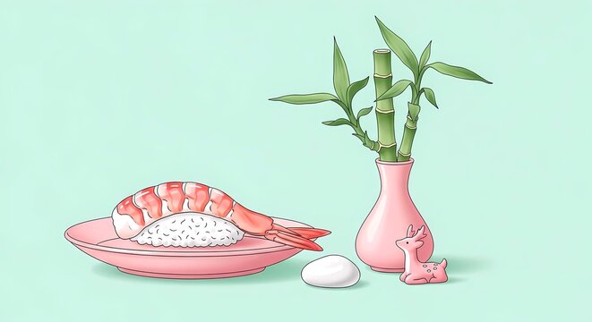 Pastel Ikebana with Bamboo. single ebi nigiri (shrimp) on a soft pink ceramic plate (sinto style), featuring a delicate ikebana.
