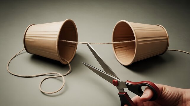 Hand holding scissors about to cut string connecting two paper cups communication concept