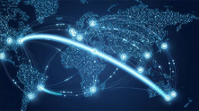 Abstract blue digital world map animation showing interconnected nodes across continents. Visualizing concepts of global communication. Internet. Big data transfer. And international business network