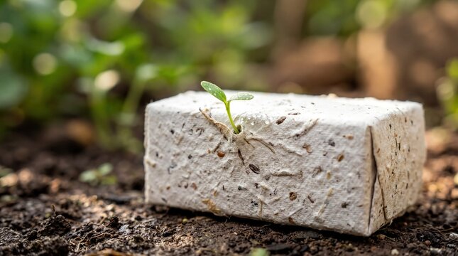 eco-friendly packaging, a biodegradable packaging with a sprouting leaf sits on rich dark soil