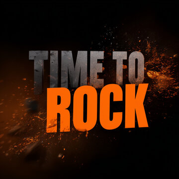 Leuchtender Schriftzug &bdquo;Time To Rock&ldquo; auf dunklem Hintergrund. Dynamisches Motiv f&uuml;r Rockmusik, Motivation, Konzertank&uuml;ndigungen, Events, Entertainment und kreative Kampagnen.
