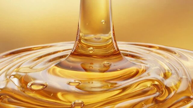 Thick, golden honey pouring smoothly in a continuous stream, creating beautiful, viscous ripples and waves with small bubbles on a warm, reflective surface in an extreme close up view. asmr