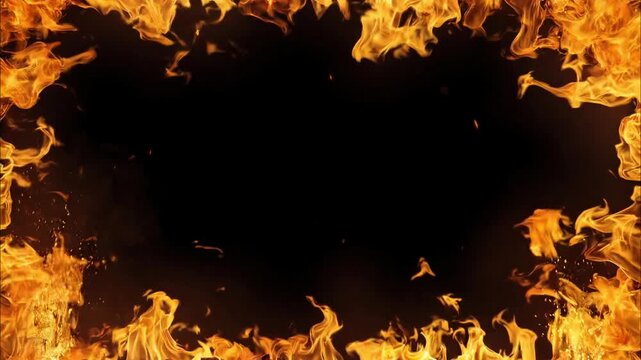 Super slow motion of a fire frame with sparks and flames burning and creating a border against a black background, offering a central empty space for text, logos, or other content