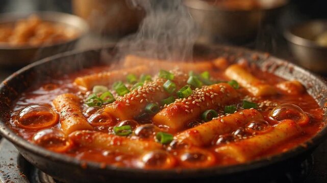 Delicious and steamy tteokbokki, a popular korean street food made of rice cakes, simmering in a spicy gochujang sauce and garnished with sesame seeds and fresh green onions in a pan