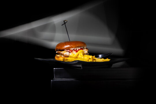 Hearty gourmet burger with crispy golden fries, a delicious meal for restaurants