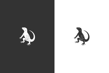 A stylized silhouette of a lizard is depicted in a striking pose against both black and white backgrounds © DzgnVibe
