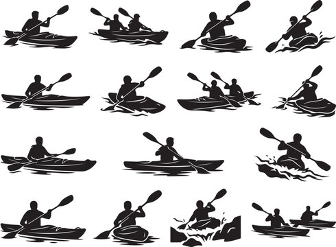 Kayaking silhouettes, vector kayaking icons, black kayak illustrations, paddling sports graphics
