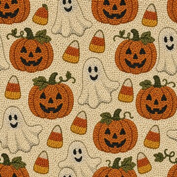 Seamless Halloween hook rug pattern with cute pumpkins, ghosts, and candy corn, festive autumn background illustration
