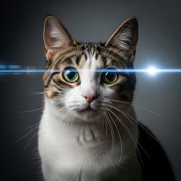 Close up cat portrait with blue light flare.