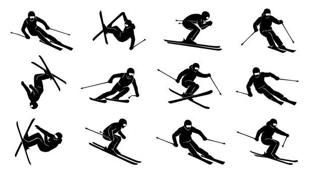Skiing silhouettes set with freestyle jumps and winter sports poses vector