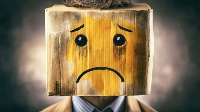 Person Wearing Cardboard Box with Sad Face Expression in Portrait Style Against Blurry Background