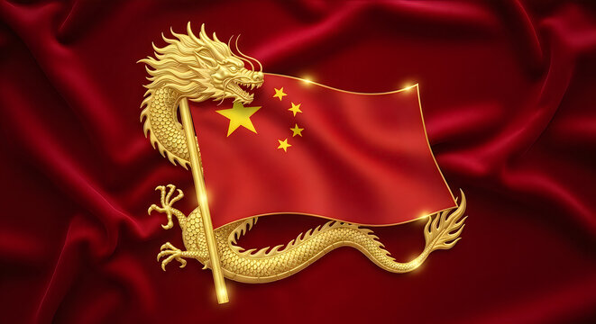 China national day celebration with golden dragon and flag