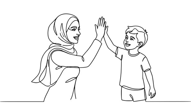 Contemporary single line art of smiling Arabian mom and son high fiving, minimalist continuous line vector for Islamic parenting concept