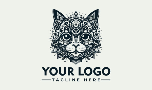 Mechanical steampunk cat head vector logo illustration for creative branding
