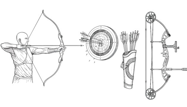 Archery training vector illustrations set including a male archer, target with arrows, quiver, and compound bow.