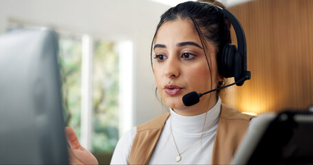 Naklejka premium Headset, woman and consultant in home office for call center, crm or online consultation with contact us. Mic, remote work and virtual assistant with query for customer service, help desk or support.