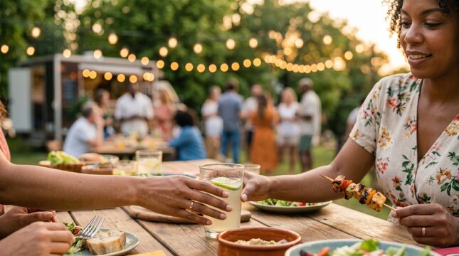 Diverse friends enjoying outdoor barbecue dinner party with grilled skewers and drinks at sunset in a backyard garden setting