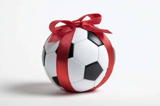 Soccer ball wrapped with red gift ribbon