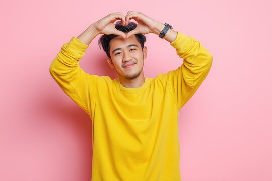 Man making heart shape with hands on pink background