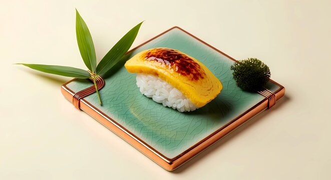 Ceramic Tiles and Copper Trim. single tamago nigiri (egg omelette) as a yellow jade, on a ceramic tile with celadon glaze (square), the tile edged with thin copper wire inlay
