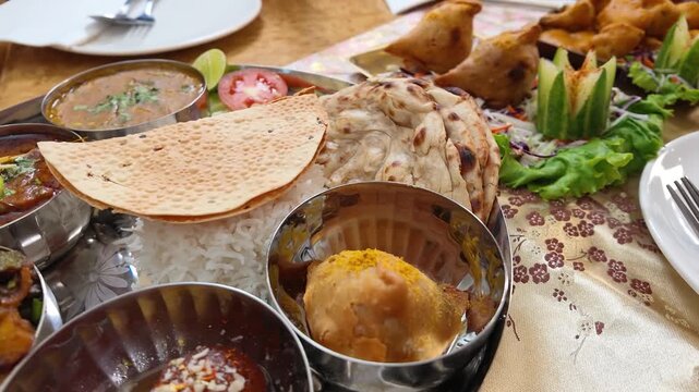 Traditional Indian Thali Platter with Curry Naan and Rice