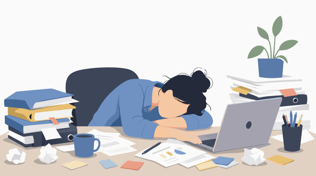 A relatable flat vector illustration of a faceless exhausted woman collapsed head-down on a messy office desk surrounded by papers and a laptop, ideal for burnout and workplace stress design.