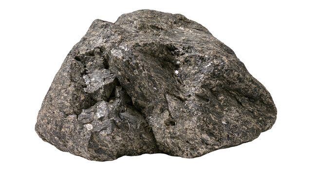 Rough dark gray igneous rock with crystalline inclusions, isolated on transparent background