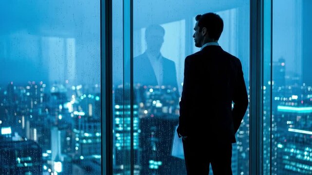 Businessman in suit standing by office window looking at modern night city skyline. Corporate executive thinking about business strategy. Raindrops and reflection on glass