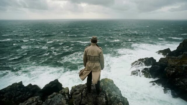 Man in trench coat and hat standing on rocky cliff edge looking at stormy ocean. Detective contemplating rough sea waves in moody overcast weather. Dramatic noir cinematic concept