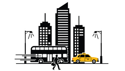 Obraz premium Busy city street scene with tall skyscrapers, a double-decker bus, a yellow taxi, and a walking pedestrian.