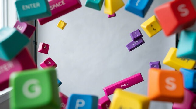 Flying multicolored computer keyboard keys floating in space with empty gray background area.