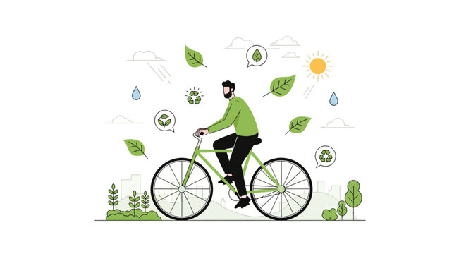 Man riding bicycle with green leaves and eco symbols.