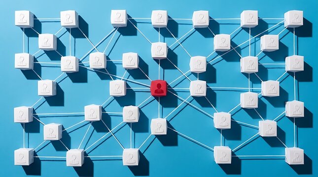 Organizational network of white paper blocks connected by strings featuring a central red leader icon on a blue background