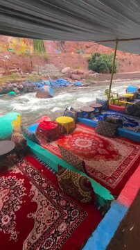 Traditional Moroccan Riverside Seating Beside Mountain Stream In Ourika Valley