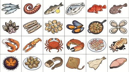 Obraz premium A vibrant seafood market display with various types of fish, crustaceans, and mollusks on a clean surface.