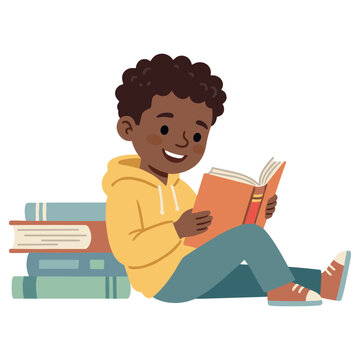 Cute African American Boy Leaning on Books Stack Clipart Vector, Kawaii Black Child Reading Graphic Element, Kids Reading Literacy Illustration EPS