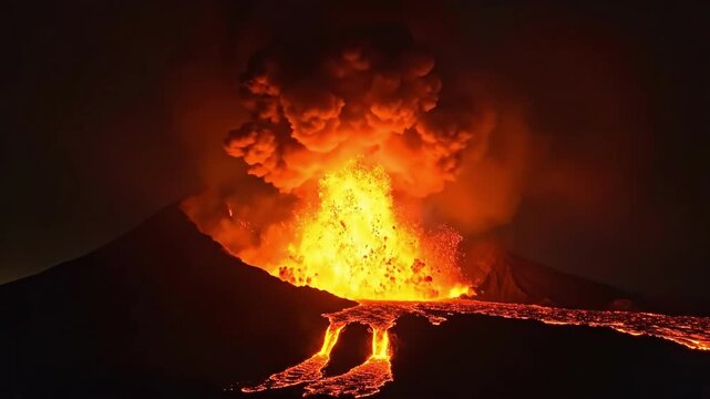 Volcano erupting at night with lava flow.