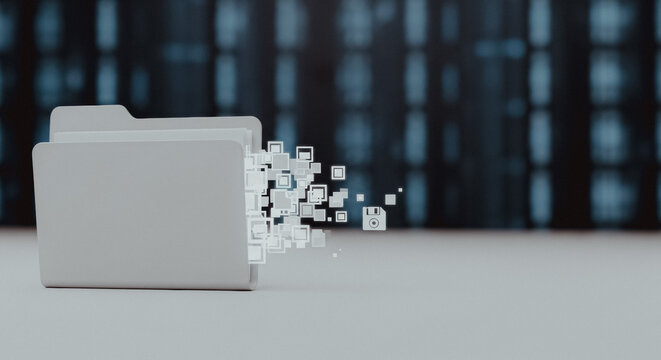 Digital file folder with data blocks in a modern technical setting representing cloud storage and data management