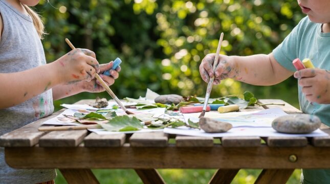 Two young children painting with watercolors and natural materials on a wooden table in a sunny garden for creative outdoor education