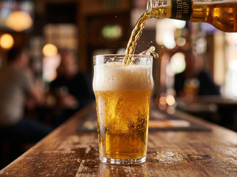 Refreshing beer pouring from glass bottle into tall glass mug on rustic dark wooden table.