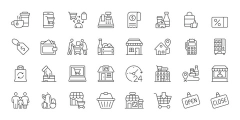 Convenience Store icons in line design. convenience store, minimarket, retail, groceries, snacks, drinks, cashier on white background vector. Convenience Store editable stroke icons. © Bezvershenko
