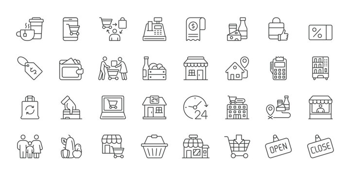 Convenience Store icons in line design. convenience store, minimarket, retail, groceries, snacks, drinks, cashier on white background vector. Convenience Store editable stroke icons.