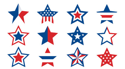 Fototapeta premium A flat vector illustration collection of twelve patriotic star icon designs in red, white, and blue, ideal for American holiday graphics, badges, stickers, and promotional design materials.