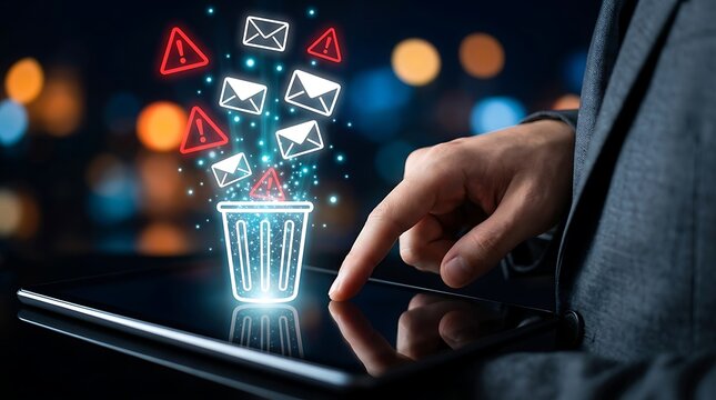 Businessman touching digital tablet deleting spam emails into glowing trash can symbolizing cybersecurity protection and phishing threat elimination process.