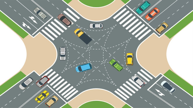 Aerial view of roundabout with multiple vehicles and pedestrian crossings