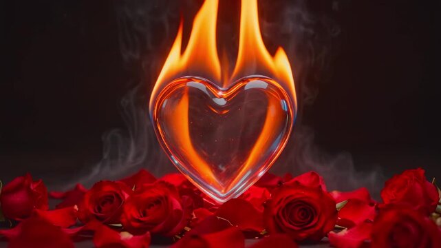 Glass heart on fire surrounded by red roses in smoke. Burning crystal heart shape symbol. Passionate love romance and intense emotion concept loop