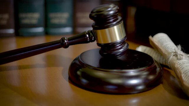 A wooden judge's gavel resting on its sound block on a wooden surface with law books visible in the background.