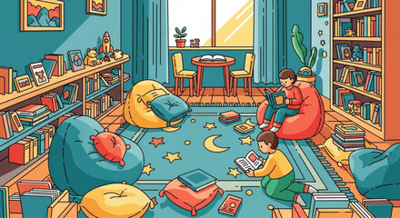 Kids reading in cozy home library with bean bags © Feroz