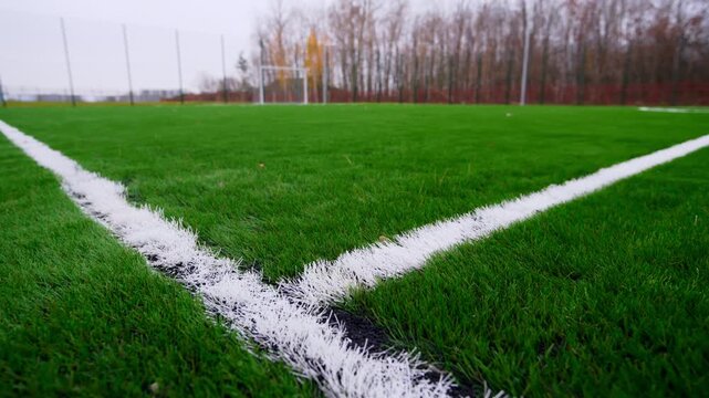 Empty stadium lawn stands ready for athletic match near woods. Modern sports infrastructure offers great space for outdoor recreation