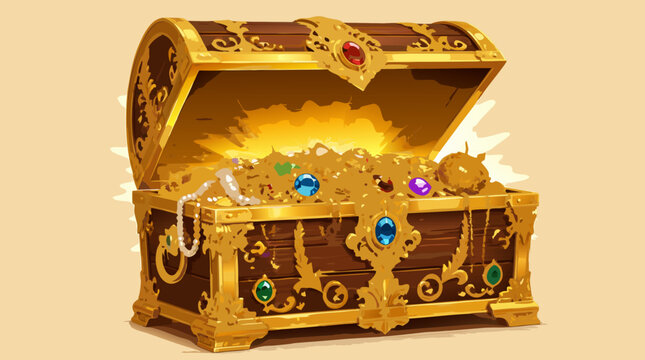 Ornate wooden treasure chest inlaid with gold and wide open emitting brilliant golden light filled with jewels, pearls and gold coins, flat vector illustration for fantasy and adventure.